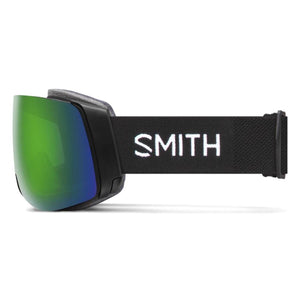 Green mirrored ski goggles by Smith Optics with a black frame and strap featuring a white logo, side view.