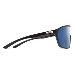 Matte black frame sunglasses with blue mirror lenses by Smith Optics, featuring the brand logo on the temple in a side view.