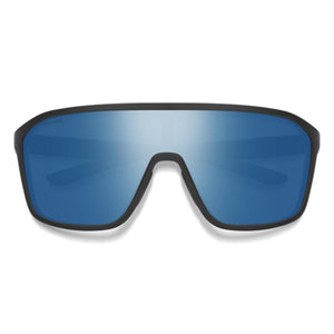 Matte black shield sunglasses with blue mirror lenses by Smith Optics, featuring a "ChromaPop" logo.