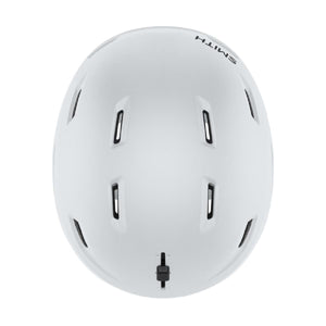 Matte white helmet by Smith Optics, seen from the back, with multiple vents, an inverted SMITH logo, and a black goggle clip.