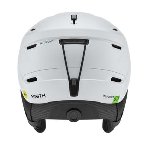 Matte white Descend ski helmet by Smith Optics, with Mips technology, a Koroyd logo, black goggle clip, and rear dial, back view.