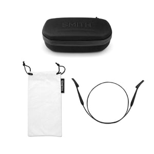 Accessories for sunglasses from Smith Optics, featuring a black hard case, white drawstring pouch, and black eyewear retainer.