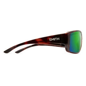 Tortoise frame sunglasses by Smith Optics with green mirrored lenses and a white SMITH logo, viewed from the side.
