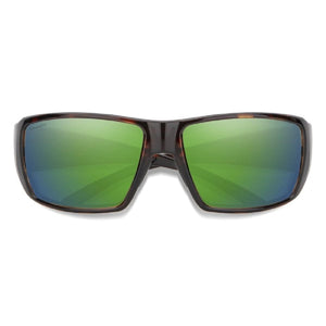 Tortoise frame sunglasses by Smith Optics featuring green mirror lenses with "ChromaPop" text.