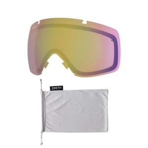 Multi-color mirrored goggles lens by Smith Optics, shown with a light grey drawstring pouch featuring a Smith logo tag.