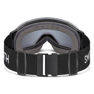 Black frame goggles by Smith Optics with a dark grey mirrored lens, grey foam, and black adjustable strap.