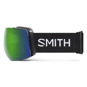 Green mirrored goggles with a black frame by Smith Optics, and a black strap featuring a white Smith logo.