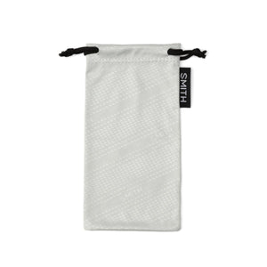 Light gray microfiber pouch for sunglasses by Smith Optics with a subtle pattern of repeated branding, black drawstring closure, and a vertical brand tag.