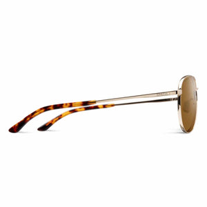 Gold frame sunglasses by Smith Optics with brown lenses and tortoise shell arms, shown from the side.