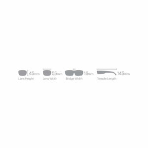 Dark gray sunglasses diagram by Smith Optics showing 45mm lens height, 55mm lens width, 16mm bridge, and 145mm temple length.