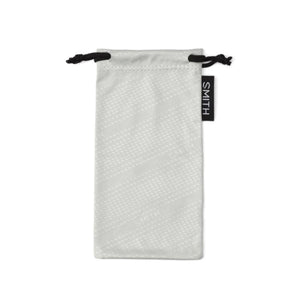 White microfiber sunglasses pouch by Smith Optics, featuring faint diagonal SMITH logos and a black drawstring closure.