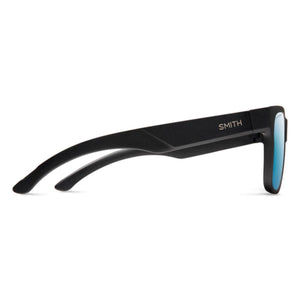 Matte black sunglasses by Smith Optics, featuring blue mirrored lenses and a subtle SMITH logo on the temple, shown from a side view.