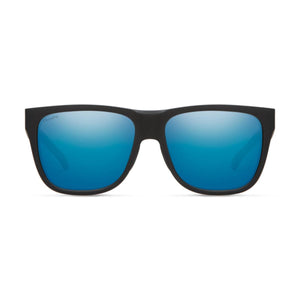 Matte black frame sunglasses by Smith Optics with blue mirror lenses and ChromaPop text on the left frame.