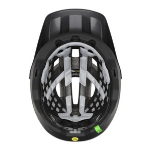 Black mountain helmet by Smith Optics, top-down view of its interior with grey MIPS liner and front visor.