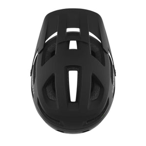 Black mountain helmet by Smith Optics with a front visor and multiple vents, viewed from above.