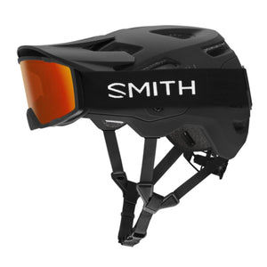 Black mountain helmet by Smith Optics with orange reflective goggles and "SMITH" logo on the strap, side view.