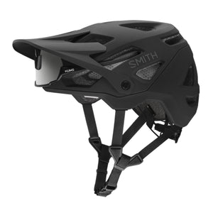 Black mountain helmet by Smith Optics with a matte finish, adjustable visor, Smith logo, and visible strap system.