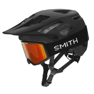Black mountain helmet by Smith Optics with a front visor, visible vents, and bright orange-tinted goggles attached.