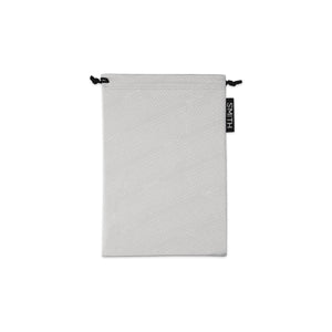 White protective drawstring pouch for goggles by Smith Optics, featuring subtle diagonal 'SMITH' pattern and black logo tag.