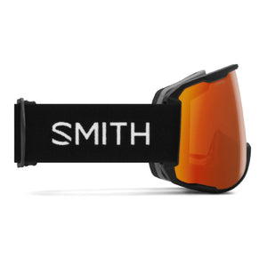 Black frame goggles with red mirror lens by Smith Optics, featuring a black strap with white SMITH branding.