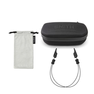 Sunglasses by Smith Optics, accompanied by a black hardshell case embossed with 'SMITH', a grey drawstring pouch with 'SMITH' tag, and a black retention cord.