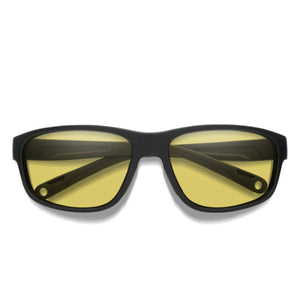Matte black sunglasses by Smith Optics with yellow lenses, viewed from the front.