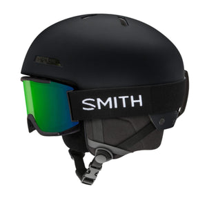 Black ski helmet by Smith Optics with green and blue reflective goggles and branded strap, side view.