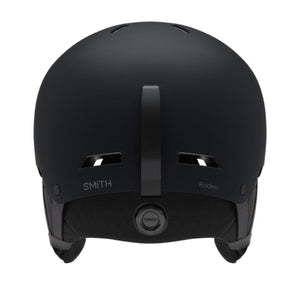 Matte black helmet by Smith Optics, back view, with visible 'SMITH' and 'Rodeo' text, goggle strap clip, and adjustment dial.