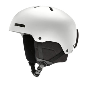White helmet by Smith Optics, featuring multiple top vents, dark ear pads, and a chin strap with a buckle, shown in a side view.
