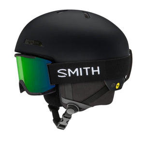 Black junior MIPS helmet by Smith Optics, paired with green mirrored goggles with a black strap.