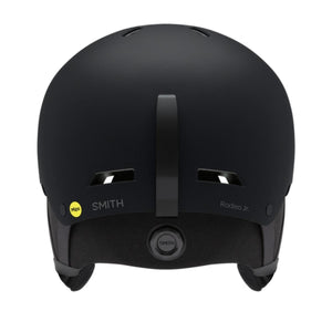 Black MIPS helmet by Smith Optics, shown from the back with a goggle clip and "Rodeo Jr." text.