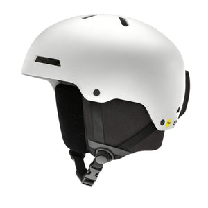 White junior ski helmet by Smith Optics, with black ear pads, visible yellow MIPS logo, and chin strap.