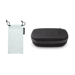 Matte black sunglasses by Smith Optics, shown with a white drawstring pouch and black zippered hard case, both branded SMITH.