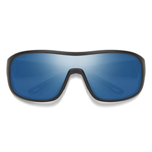 Matte black frame sunglasses with blue mirror lenses by Smith Optics, featuring ChromaPop Polarized lenses, front view.