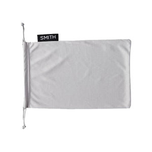 Light gray fabric drawstring pouch by Smith Optics, featuring a black SMITH logo tag, designed for goggles.