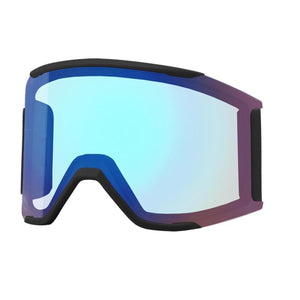 Ski goggles with a blue mirrored lens by Smith Optics, transitioning to purple with a black and purple frame.