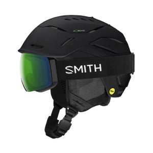 Matte black Mips helmet by Smith Optics with green mirrored goggles, SMITH logo on strap, and KOROYD branding.