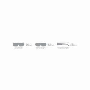 Matte black frame sunglasses by Smith Optics with technical diagram displaying 140mm lens width, 62mm lens height, and 125mm temple length.