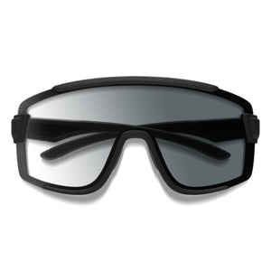 Photochromic sunglasses by Smith Optics with clear to gray lenses and a matte black frame, shown front-on.