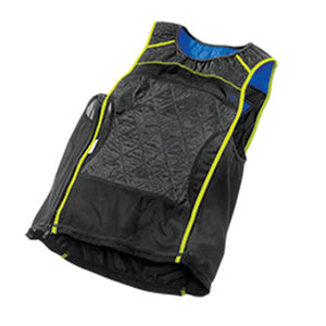 Black cooling vest by HyperKewl with neon yellow trim, a quilted design, and blue lining.