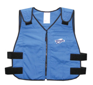 Blue cooling vest by TechKewl with a black zipper, black trim, black side straps, and a white logo on the chest.