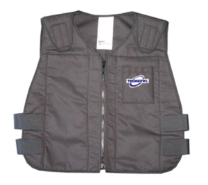 Blue phase change cooling vest by TechKewl, featuring a front zipper, padded shoulders, adjustable side straps, and a logo.