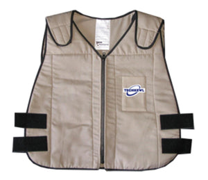 Tan phase change cooling vest by TechKewl, featuring a front zipper, black trim, adjustable side straps, and a logoed front pocket.