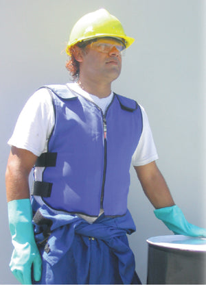 Blue phase change cooling vest by TechKewl, zippered with adjustable side straps, worn by a man in a hard hat and gloves.