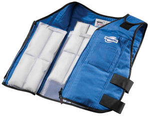Blue padded cooling vest by TechKewl, featuring a logo and opened to show white cooling inserts in mesh pockets.