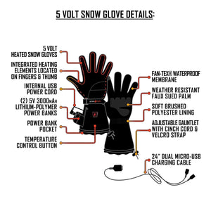 Temp360 5V Men's Battery Heated Snow Gloves