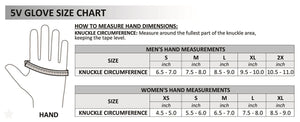 Glove size chart for 5V gloves by Temp360, showing hand diagram with measurements for men and women by knuckle circumference.