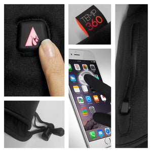 Black men's heated glove liners by Temp360, shown in multiple close-up views highlighting features like a glowing button and touchscreen use.