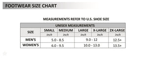Wool AA Battery Heated Socks by Temp360 footwear size chart showing unisex US shoe measurements across small to 2X-Large sizes for men and women.
