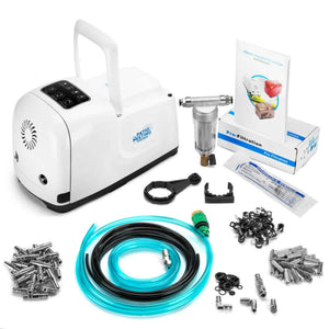 White Patio Misting System Pro kit by The Patio Misting System, including coiled hoses, a filter, nozzles, and a user manual.